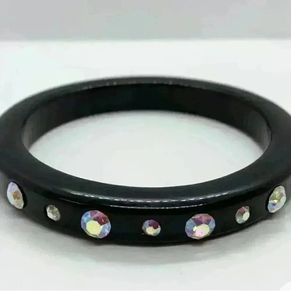 Vintage Black Lucite aurora borealis Rhinestone Chunky MODERNIST Bangle Bracelet
